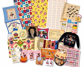 May include: A collection of vintage-style paper ephemera and stickers featuring patterns of strawberries, roses, and floral stripes, alongside illustrations of kitchenware, a black-and-white portrait, a crossword puzzle, and a black sweatshirt with a graphic.