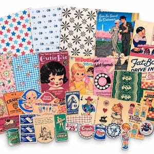 May include: A collection of vintage-style paper ephemera including patterned scrapbook papers, retro comic book covers like Cutie Pie, advertisements for Fat Boy Drive In, Purina, and various small die-cut labels featuring food, toys, and classic illustrations.