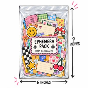 May include: A clear plastic bag containing an assortment of colorful paper ephemera, including stickers and cards. The label reads EPHEMERA PACK HONEY BEE COLLECTIVE. A visible measurement indicates the bag is 9 inches tall and 6 inches wide.