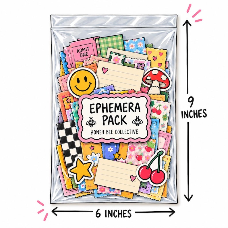 May include: A clear plastic bag containing an assortment of colorful paper ephemera, including stickers and cards. The label reads EPHEMERA PACK HONEY BEE COLLECTIVE. A visible measurement indicates the bag is 9 inches tall and 6 inches wide.
