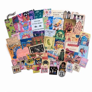 May include: A large collection of assorted stickers, cards, and paper ephemera featuring diverse graphic illustrations, cartoon characters, vintage-style advertisements, and text including 'You saw it too, right?', 'Toad Inn', and 'Have you seen me?'.