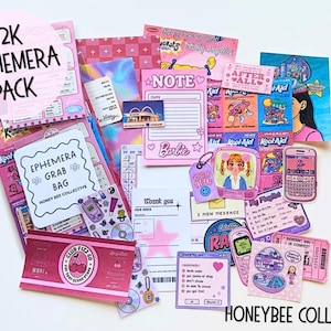 May include: A collection of Y2K-themed ephemera in shades of pink, featuring stickers, notes, and tags. The pack includes a variety of designs with text like "Barbie", "Kool-Aid", and "After All". The phrase "Y2K Ephemera Pack" is displayed in a pink circle.