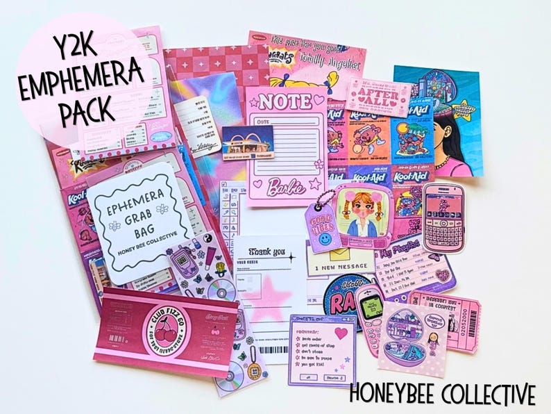 May include: A collection of Y2K-themed paper ephemera including stickers, note cards, and printed cutouts. Items feature pink and purple color palettes, retro mobile phones, cherry graphics, and text such as Y2K EMPHEMERA PACK, Barbie, and Club Fizz Co.