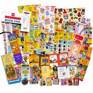 May include: A collection of Scholastic Book Fair promotional materials including flyers, bookmarks, stickers, and a receipt. The items feature colorful illustrations of characters like Clifford the Big Red Dog and Arthur, along with text such as Scholastic Book Fair, Reading is Fun, and various book titles.
