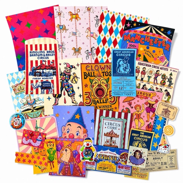 Circus Core Ephemera Pack | 25 Vintage-Inspired Carnival and Clowncore Journal Pieces | Junk Journal, Collage & Scrapbooking Supplies
