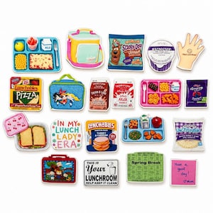 May include: A collection of school lunch-themed stickers featuring various food items, lunch boxes, milk cartons, juice cups, a hand with the text 'I Need Lunch Money!', and signs with phrases like 'In My Lunch Lady Era' and 'Spring Break'.