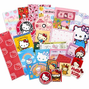May include: A collection of Hello Kitty themed stationery, stickers, and paper ephemera featuring various colorful designs, including a boarding pass, a play money bill, lined note paper, and multiple character illustrations in pink, red, and yellow.