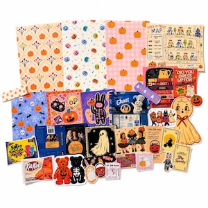 May include: A collection of Halloween-themed paper ephemera, including patterned scrapbook sheets with pumpkins and ghosts, a trick-or-treat map, Hocus Pocus movie imagery, vintage-style character cutouts, and various candy-themed stickers.