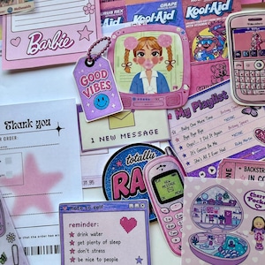 May include: A collection of Y2K-themed stickers featuring a Barbie notepad, Kool-Aid packets, a retro television with a character, a Blackberry phone, a playlist list, a flip phone, a note to self reminder, and a heart-shaped toy case.