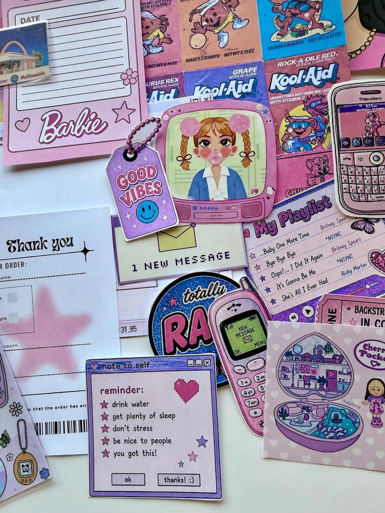 May include: A collection of Y2K-themed stickers featuring a Barbie notepad, Kool-Aid packets, a retro television with a character, a Blackberry phone, a playlist list, a flip phone, a note to self reminder, and a heart-shaped toy case.