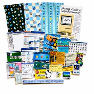 May include: A collection of retro computer-themed stickers and paper sheets featuring Windows 98, Microsoft Paint, AOL, and Macintosh advertisements. The set includes various icons, dialog boxes, desktop interfaces, and a cursor pointer graphic.