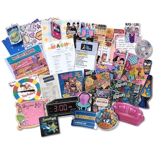 May include: A collection of 2000s-themed paper cutouts and stickers featuring a Capri Sun pouch, a flip phone, a MASH game sheet, a Blockbuster card, a Twister board, a digital alarm clock, Bratz dolls, Fruit Roll-Ups, and a lava lamp.