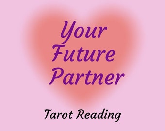 May include: A pink background with a heart-shaped gradient in the center. The text "Your Future Partner" is written in purple cursive font. Below the heart, the text "Tarot Reading" is written in purple cursive font. Below that, the text "IntuitiveGracee" is written in purple cursive font.
