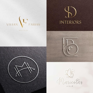 May include: Collection of logos in gold and silver tones. The logos feature elegant typography and minimalist designs. The logos include the names "Vivian Farias", "SD Interiors", "Maricotas Ateliê", and other abstract designs.