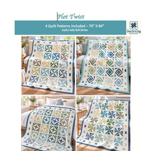 Peut inclure: Un ensemble de modèles de courtepointe intitulé Plot Twist de la série Joyful Jelly Roll, incluant 4 modèles pour une courtepointe de 178 cm x 213 cm. L'image montre quatre variantes d'une courtepointe avec une grille de blocs carrés bleus, verts et jaunes.