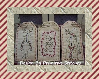 Reindeer Crossing Tag Collection-Primitive Stitchery-E-PATTERN by Primitive Stitches-Instant Download