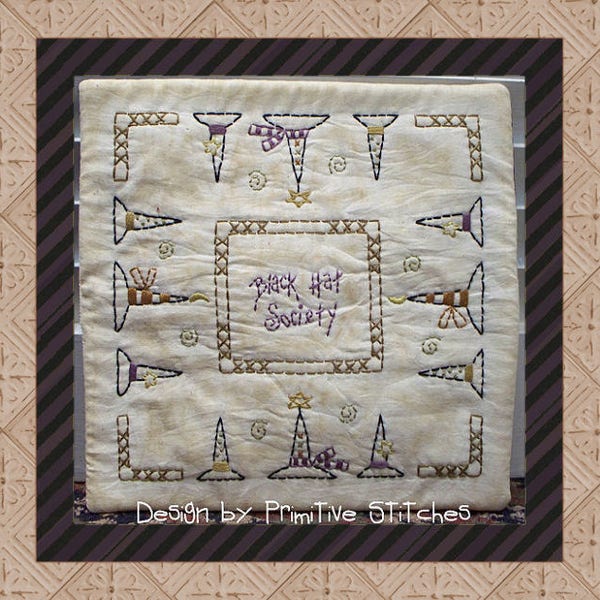 Black Hat Society Candle Mat--Primitive Candle Mat Stitchery Pattern-E-PATTERN--Instant Download