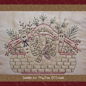 Gingerbread Basket-Primitive Stitchery  E-PATTERN-INSTANT DOWNLOAD