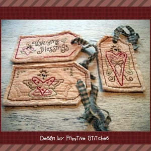 Valentine Blessings Tag Collection-Primitive Stitchery-E-PATTERN by Primitive Stitches-Instant Download
