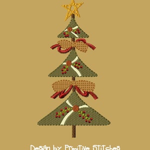May include: A green and brown patchwork Christmas tree with red bows and a gold star on top. The tree is decorated with white and green sprigs and red berries. The text "Design by Primitive Stitches" is at the bottom of the image.