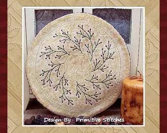 Berry Wreath Candle Mat by Primitive Stitches--Primitive Stitchery E-Pattern--Instant Download