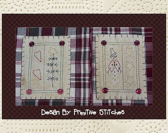 Prim Winter Hand Towel Collection 1-Primitive Stitchery  E-PATTERN-Instant Download