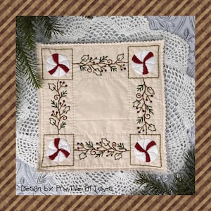 Peppermint Holly Candle Mat--Primitive Candle Mat Stitchery Pattern-E-PATTERN--Instant Download