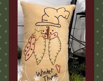 Winter Thyme Snowman-Primitive Stitchery E-PATTERN-Instant Download