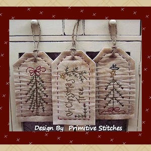 Kolekcja etykiet choinkowych z patyczków – Primitive Stitchery – E-WZÓR firmy Primitive Stitches – Natychmiastowe pobranie