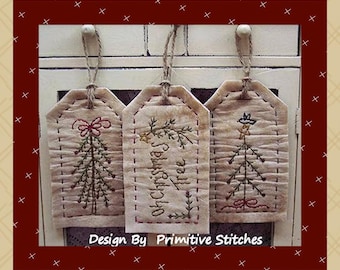 Christmas Stick Tree Tag Collection-Primitive Stitchery-E-PATTERN by Primitive Stitches-Instant Download