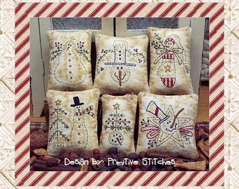 Snowman Mini Collection 1-Primitive Stitchery  E-PATTERN by Primitive Stitches-Instant Download