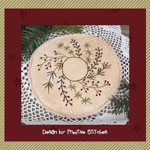 Pine Berry Wreath Candle Mat-Primitive Stitchery E-PATTERN-Instant Download