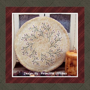 Berry Wreath Candle Mat by Primitive Stitches--Primitive Stitchery E-Pattern--Instand Download