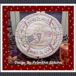 Hands to Work Candle Mat-Primitive Stitchery E-PATTERN-Instant Download