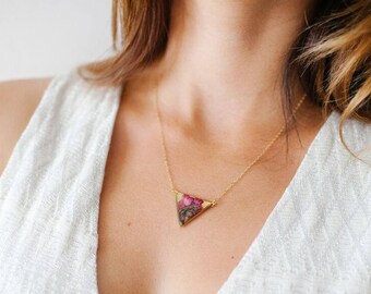 Pink Coral Bells Jewelry Pressed Flower Necklace Pressed Flower Jewelry Botanical Jewelry 14k Gold Fill Triangle Necklace Mothers Day Gift