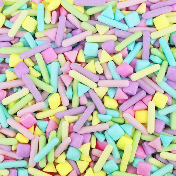 Pastel Rainbow Sugar Shapes Candy Sprinkles - a fun blend of geometric pastel candy sprinkles for decorating cakes, cookies, and treats!