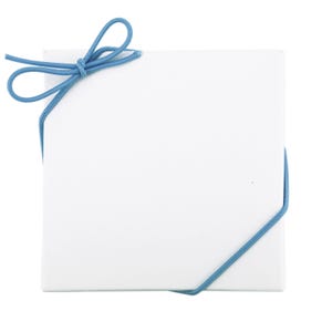May include: A white gift box with a blue ribbon tied in a bow.