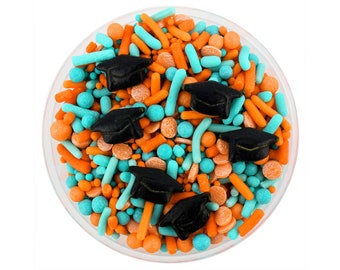 Orange & Turquoise Graduation Sprinkle Blend - orange and teal blend of jimmies, non-pareils, dot sprinkles, candy sprinkles, graduation hat