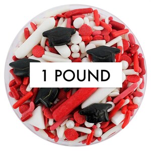 Red & White Graduation Sprinkle Blend 1 Pfund - rote und weiße Mischung aus Jimmies, Non-Pareils, Dot Streuseln, Candy Streuseln, Abschlusshut