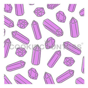 May include: A seamless pattern featuring pink geometric crystals with black outlines on a white background.