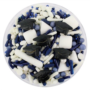 Marineblauw en wit afstudeerstrooimengsel - donkerblauw wit mengsel, jimmies, non-pareils, stip hagelslag, snoep hagelslag, afstudeerhoed
