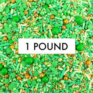Lucky Shamrock Sprinkle Blend - 1 Pound- fun blend of shamrocks, sugar pearls, jimmies, candy beads  in greens and golds