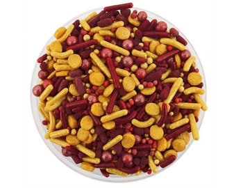 Maroon & Gold Team Spirit Sprinkle Blend - maroon and gold blend of jimmies, non-pareils, dot sprinkles, candy sprinkles sports team