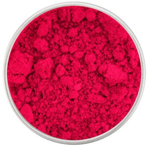 May include: A close-up view of a small container filled with bright pink pigment powder.