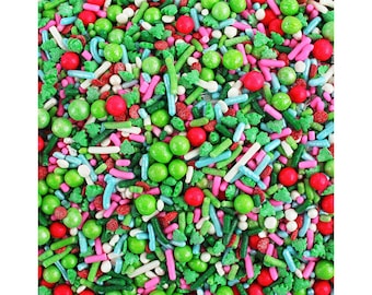 Merry and Bright Sprinkle Blend - a mix of red, pink, light blue, and green sprinkles for decorating holiday cakes cookies and treats