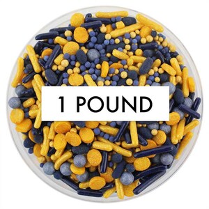 Navy Blue & Gold Team Spirit Sprinkle Blend 1 LB - navy blue gold blend of jimmies, non-pareils, dot sprinkles, candy sprinkles sports team