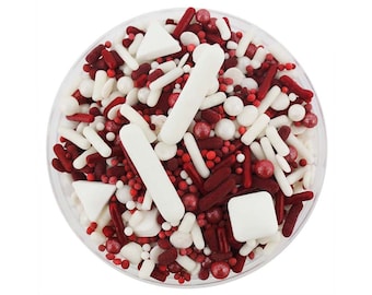 Maroon & White Team Spirit Sprinkle Blend - maroon and white blend of jimmies, non-pareils, dot sprinkles, candy sprinkles sports team