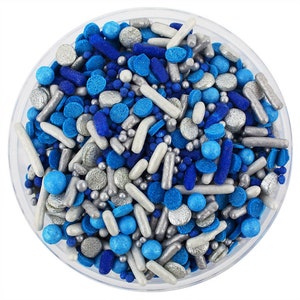 Royal Blue & Silver Team Spirit Sprinkle Blend - blue and silver blend of jimmies, non-pareils, dot sprinkles, candy sprinkles sports team