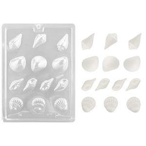 May include: A clear plastic mould with 16 different seashell shapes. The mould is used to make chocolate or candy seashells. There are also 16 white chocolate seashells.