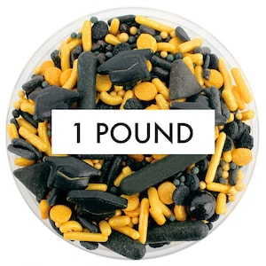 Black & Gold Graduation Sprinkle Blend 1 Pfund - schwarz-goldene Mischung aus Jimmies, Non-Pareils, Dot Streuseln, Candy Streuseln, Abschlusshut